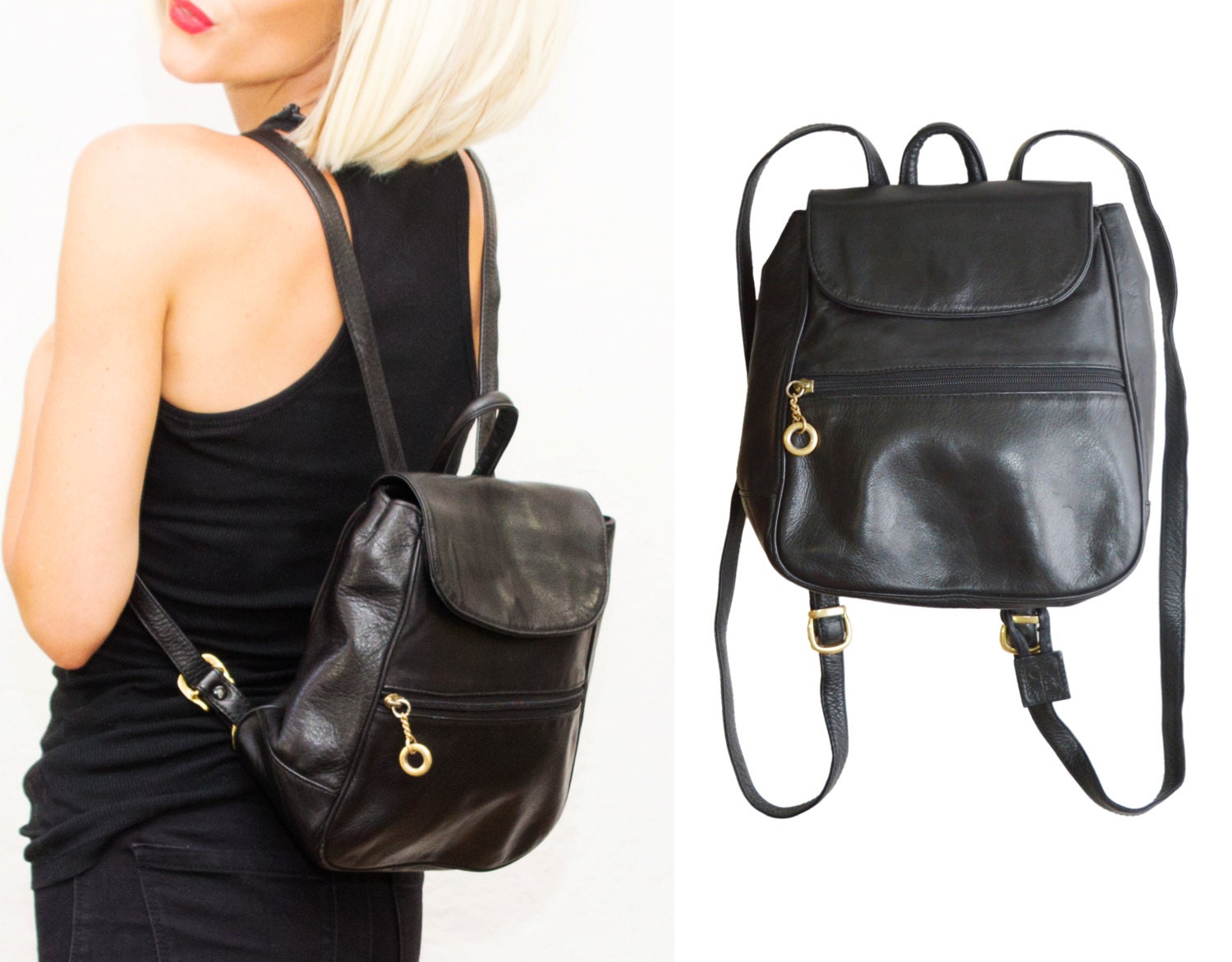 90s Black Leather Mini Small Backpack Purse / Back Pack