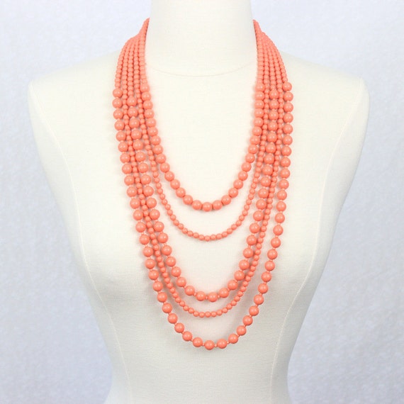 Coral Multi Strand Beaded Necklace Statement Necklace Multi