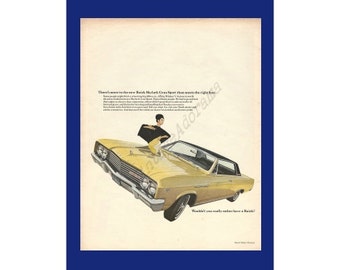 BUICK SKYLARK Gran Sport Automobile Original 1965 Vintage Extra Large Color Print Ad - Mod Woman w/ Yellow Car