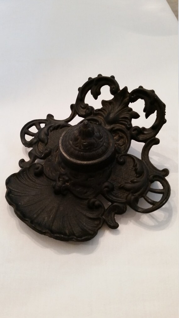 Antique 1910s Cast Iron Black Inkwell with Insert