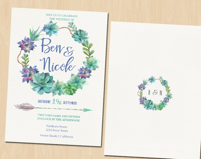 Printable Modern Floral Wedding Invitation- Custom PRINTABLE WEDDING INVITATION by Green Door Handmade - Off White Water color background