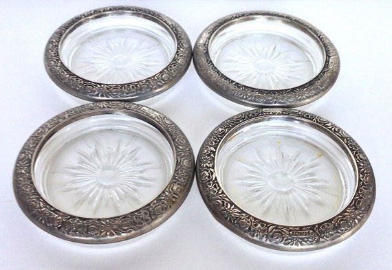 Vintage Towle coasters silver plate repousse and glass bar