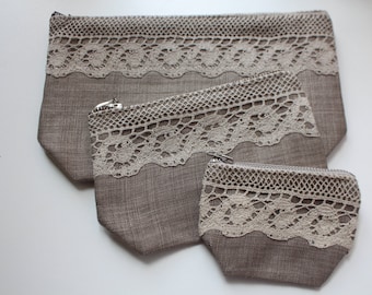 Set of 3 Linen Cosmetic Bags (Makeup Bags) "Lace and Linen" - Rustic Style
