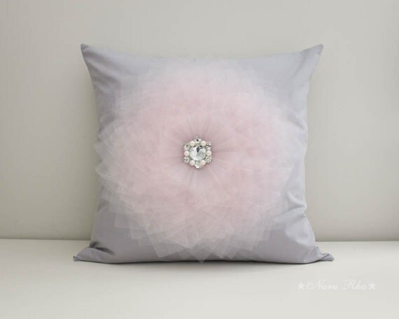 Grey Pillow Cover 16 x 16 Light Pink Flower on Gray Pillow Throw Pillow Couch Pillow Cushion ...