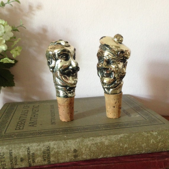 liquor bottle stoppers vintage CORKS, stoppers, 2, Set Crazy bottle of STOPPERS HEAD Wine Liquor