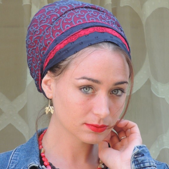 Blue Red TichelHair Snood Head ScarfHead Coveringjewish