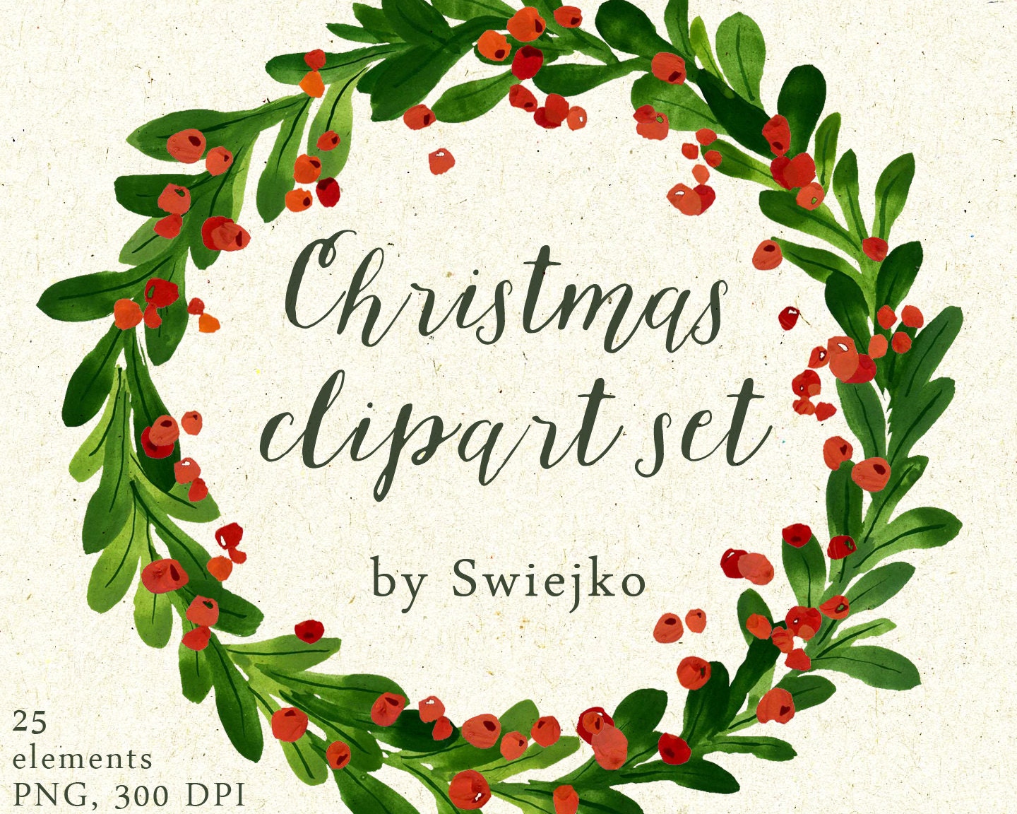 Christmas Watercolor Clipart holiday wreath mistletoe