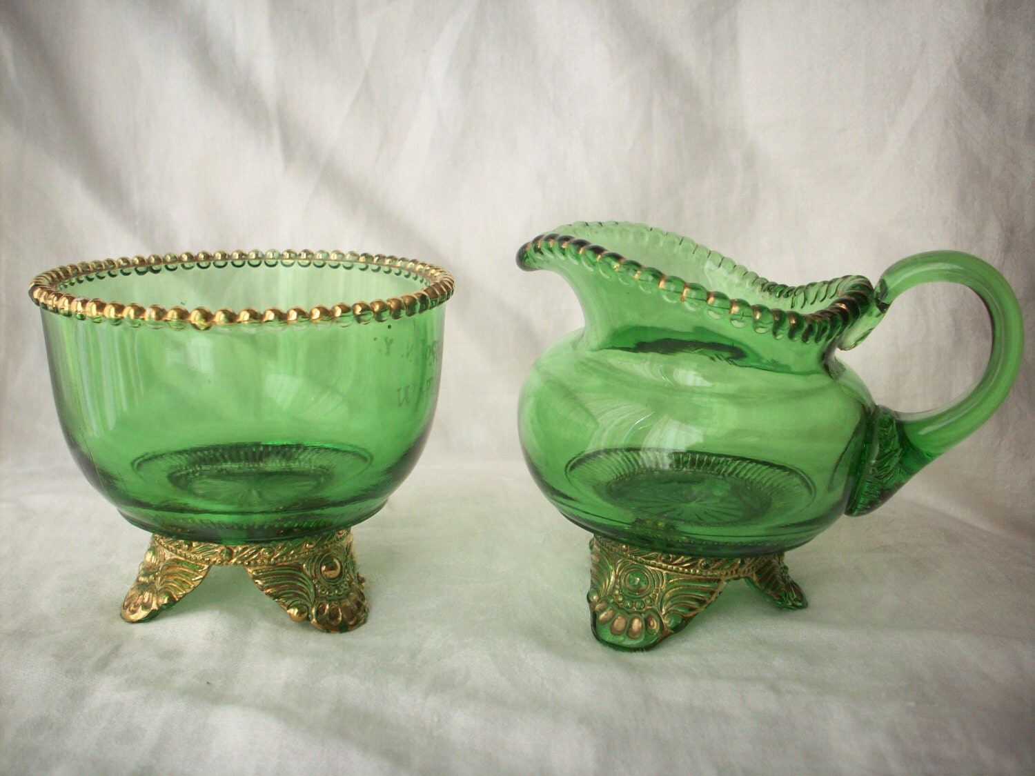 Green Glass Creamer and Sugar Bowl Set Watkins by TrippingOnTime