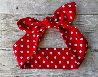 Red polka dot baby headband bandana knot 1950s hair tie womens bandana headband Rosie the riveter retro rockabilly headband made by FlyBowZ