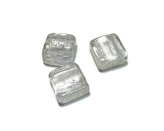 Silver White Venetian Murano Glass Squares 15x15 mm 3pcs