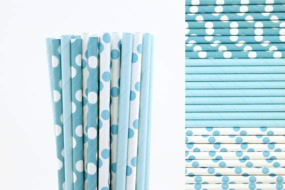 Aqua Blue Paper Straw Mix-Aqua Blue Straws-Polka Dot Straws-Robins Egg Blue Straws-Beach Party Straws-Pirate Party-Vintage Party Straws Il_570xn
