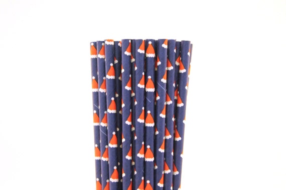 Navy Blue with Red Santa Hats Paper Straws-Navy Blue Straws-Santa Hat Straws-Santa Straws-Christmas Party Straws-Hot Cocoa Straws Il_570xn