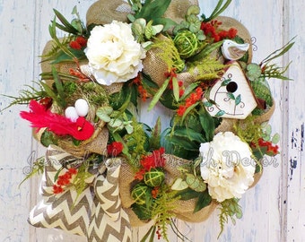 Summer Wreath, Burlap, Deco Mesh Wreath, Peonies, Cardinal Birds, Bird House, Chevron Bow, Green, Red