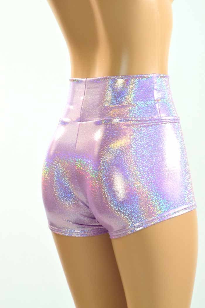 High Waist Lilac Purple Holographic Metallic Spandex Shorts