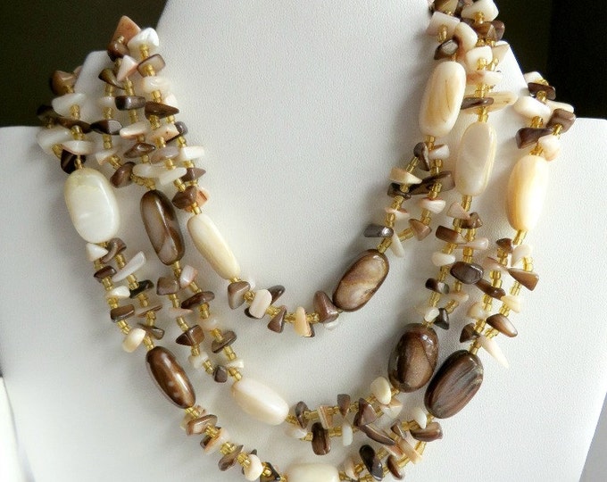 Necklace, Brown Bead Necklace, Vintage Brown Quartz Triple Strand Japan Stone Necklace, Gift for Her