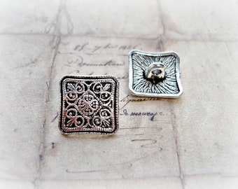 6 Antique Silver Square Metal Buttons Ornate Pattern