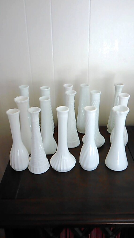 set of 15 white milk glass vases tall