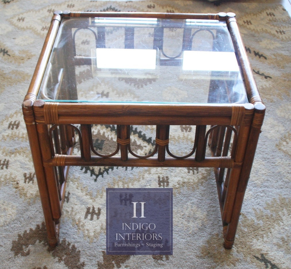 Vintage Rattan Bamboo Side End Table(s) with Glass Top Haute Juice