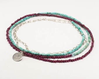 Garnet, Turquoise, Blue Topaz, Sterling Silver oval chain necklace