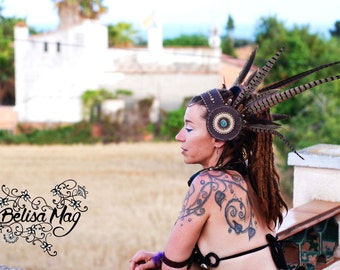 Native indian headband, Burning man headband by Belisamag, tribal fusion headdress, tribal headdress, pheasant headdress, crystal headdress.