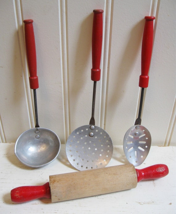 Toy Kitchen Utensils Vintage Toy Cooking Tool Set Red by PoemHouse
