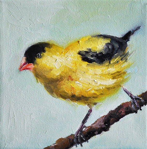 Original Oil Bird Painting Impressionist Whimsical Goldfinch