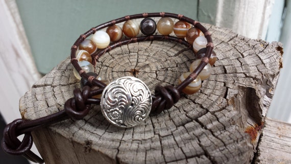 Boho Brown Striped Agate Beaded Brown Leather Wrap Bracelet Handmade Jewelry Bohemian Jewelry Fashion