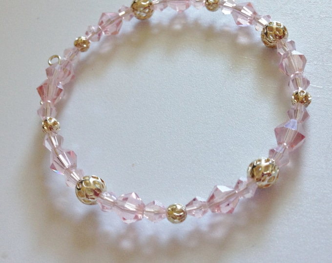 clearance! pink crystal and silver beaded memory wire bracelet