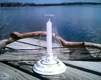 Vintage Candlestick Holder, Hurricane Lamp, Shabby Chic, Cottage, Beach Decor