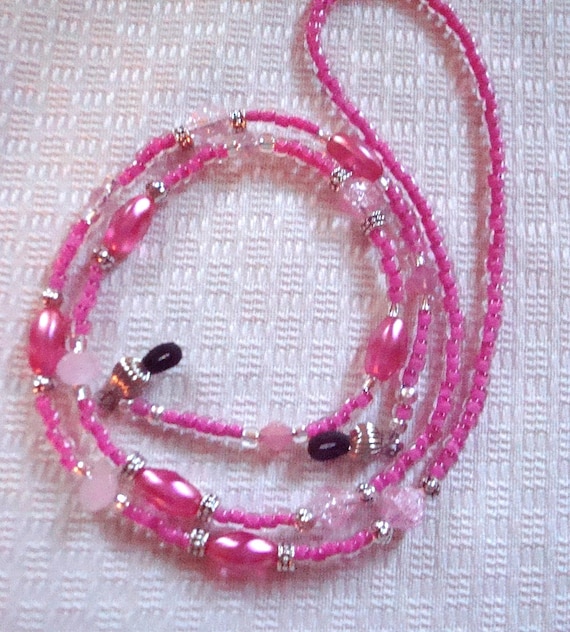 Eyeglass holder- Pink with black beads, pink lined seed beads and silver metal spacers, 28 inchs