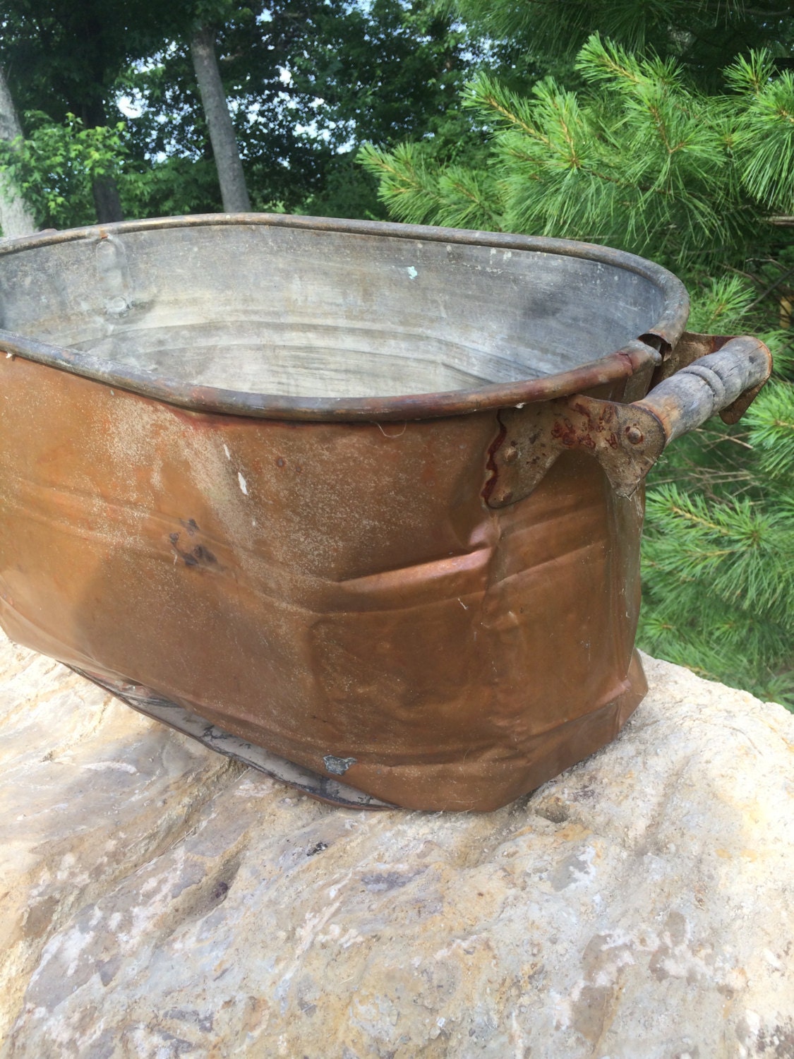 Antique Copper Boiler Primitive Wash Tub Handwrought Cauldron
