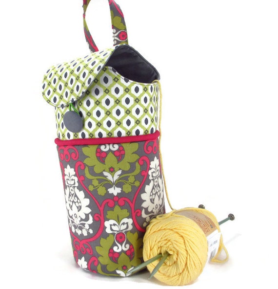 Yarn Knitting Crochet Project Bag Tote in Citron Green and Hot