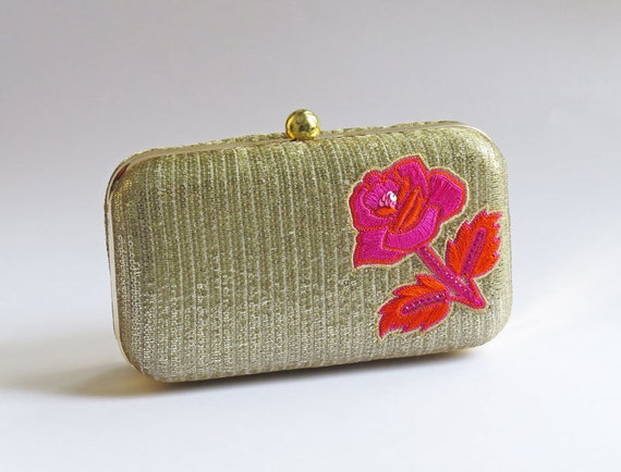 Rose Flower GOLD BOX CLUTCH bag, Champagne gold minaudiere,Pink Beige ...