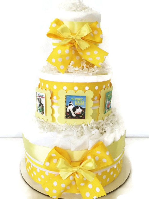 Book Theme Diaper Cake in Yellow and White Neutral Gender