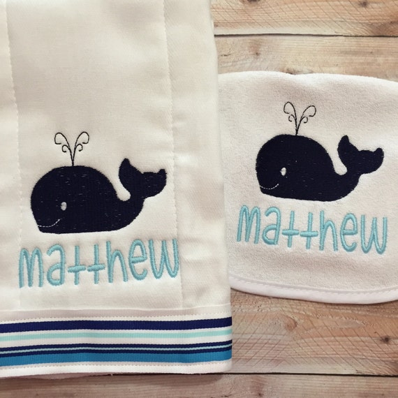 Baby Boy Whale Set Bib and Burp Cloth with Name. Perfect