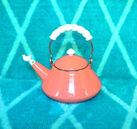 Retro Teapot Orange Tea Kettle with White Whistle by DreamsofBetty