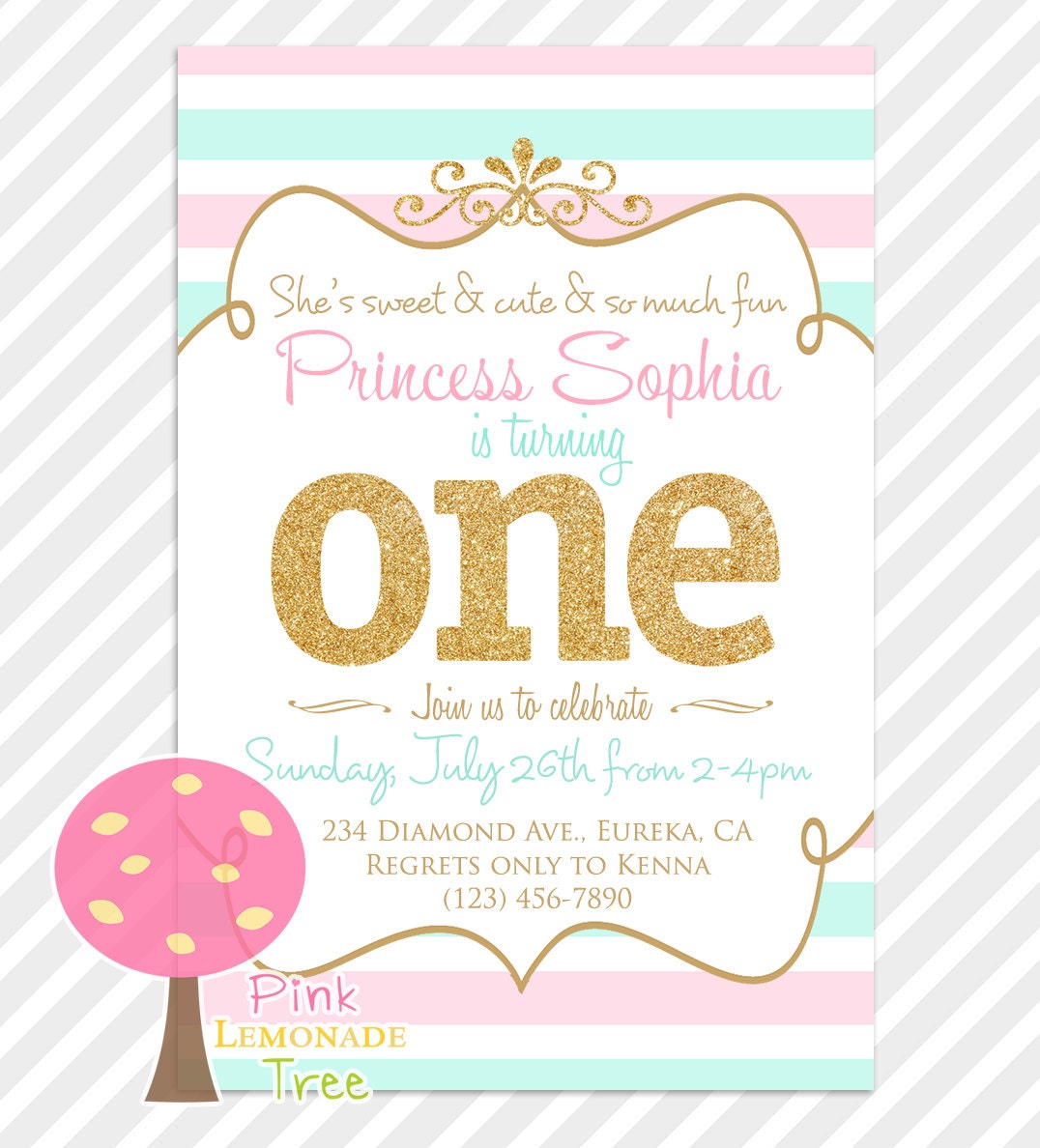 Gold Glitter Pink and Mint Birthday Party Invitation