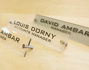 Personalized Office Desk Name Plate & Sign. Modern Stainless Steel Legs with 4 Plate Colors to choose from.