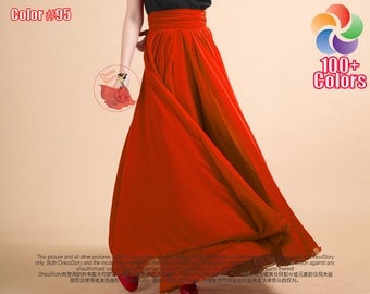 Orange Maxi Skirt - Tomato Chiffon Maxi Skirt with Ruched Waist Yoke and Layered Skirt - Long Flowy Chiffon Skirt - Full Length Skirt SK53