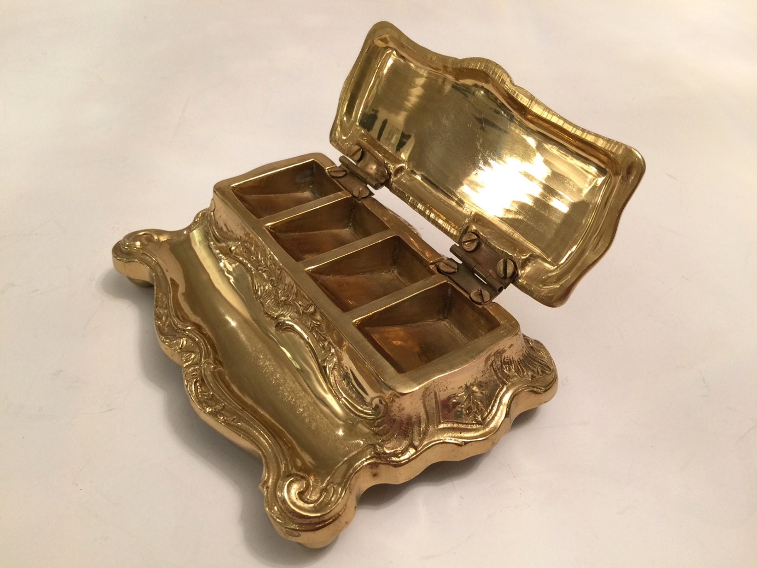 Vintage Solid Brass Stamp Box Mid Century Shiny Brass Hinged