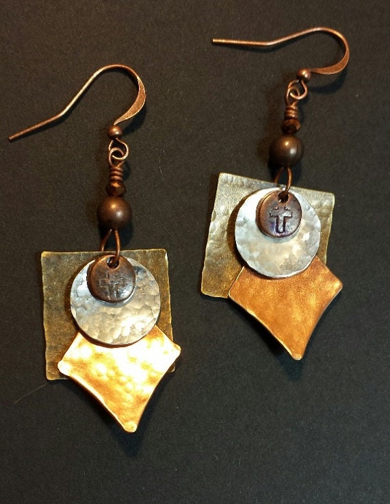 Mixed Metal Earrings Hammered Metal By Hattieoliviadesigns On Etsy