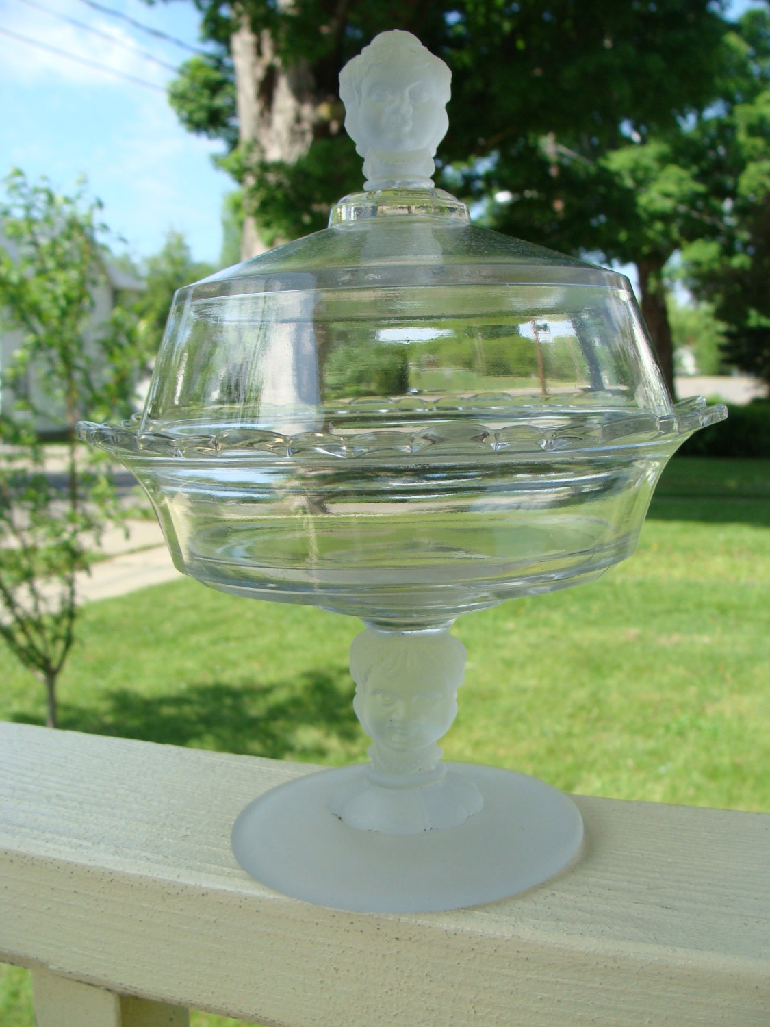 Elegant Glass Covered Compote Clear With Frosted Three Faces