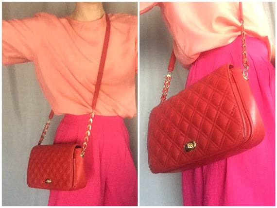 Red Leather Purse Quilted Shoulder Bag Handbag Gold Chain