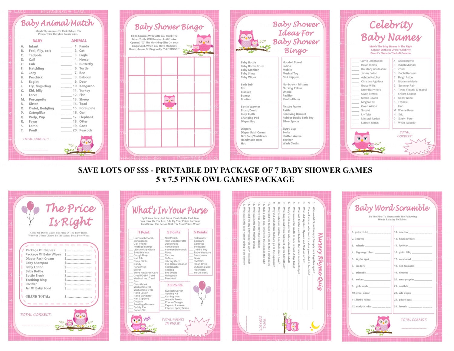 Pink Owl Baby Shower Game Printable Pink Owl by Printables4Less