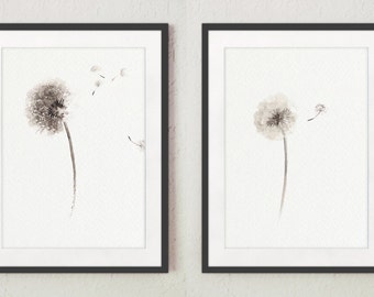 Set of 2, Dandelion Flowers, Wall Decor, Natural Art Print, Two Posters, Beige Giclee Print, Dandelions seeds, Watercolor painting