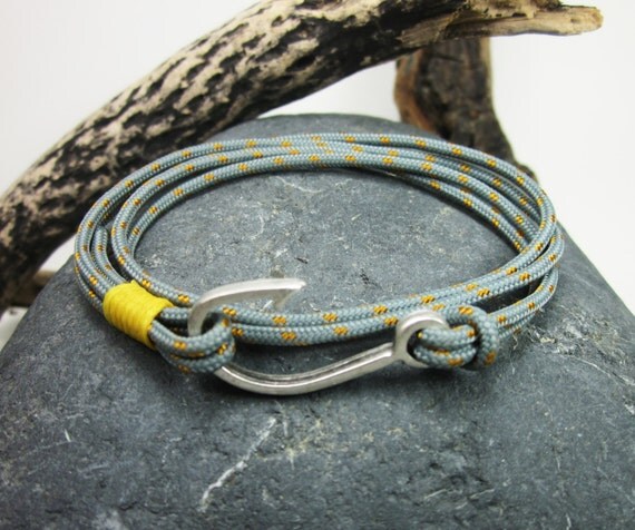 Fish Hook Bracelet in Gray,Yellow Rope Bracelet, Paracord Bracelet ...