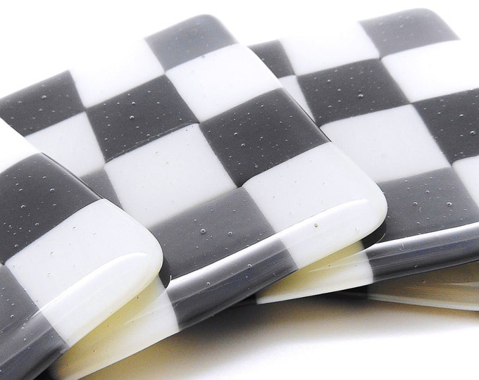 Grey white glass coaster set. Fused glass tiles. Drink mats. Housewarming, wedding anniversary birthday gift for him gift for her. Checkered