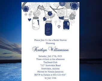 Bridal Shower Invitation Template "Rustic Mason Jars" Navy Blue and Gray Make Your Own w. Editable Word Instant Download DIY U Print