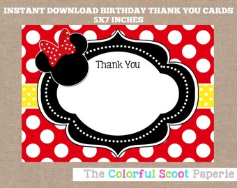 Minnie Mouse Thank You Card, Disney, Disney Thank You Cards, Minnie Mouse Thank You Note, Red, Yellow (#613)