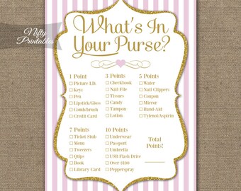 Purse Game - Pink & Gold What's In Your Purse Shower Game - Printable Pink White Baby Shower or Bridal Shower Game - Instant Download - PGL